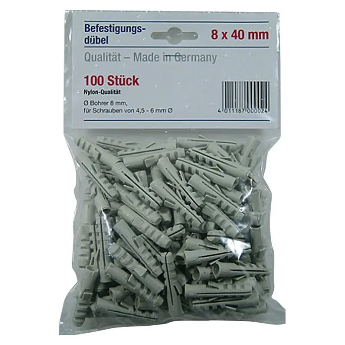 Dübel-Set - Durchmesser Dübel: 8 mm, Länge Dübel: 40 mm, 100 Stk., Nylon - Eine transparente Tüte mit 100 grauen Nylondübeln, Größe 8 x 40 mm, gekennzeichnet als "Qualität - Made in Germany".