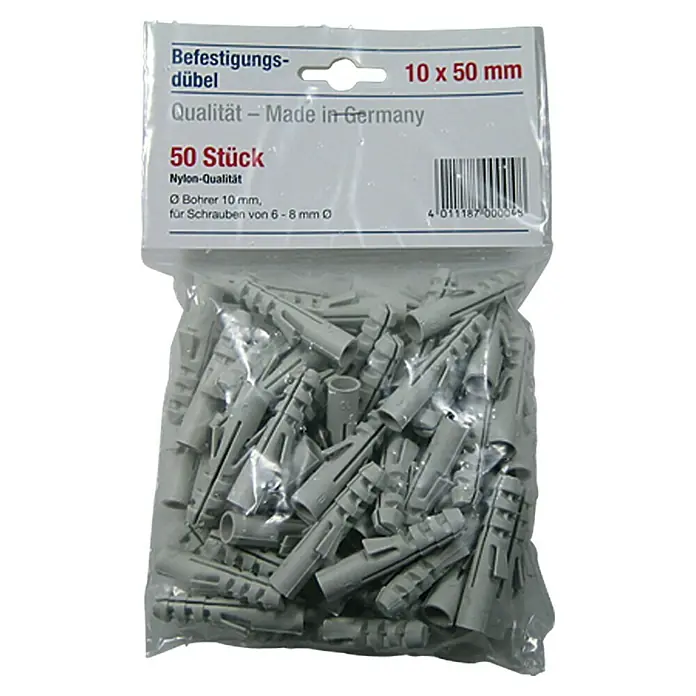 Dübel-Set - Durchmesser Dübel: 10 mm, Länge Dübel: 50 mm, 50 Stk., Nylon - Packung mit 50 Dübeln 10x50 mm aus Nylon-Qualität, ideal für sichere Befestigungen. Made in Germany, für Schrauben von 6-8 mm.