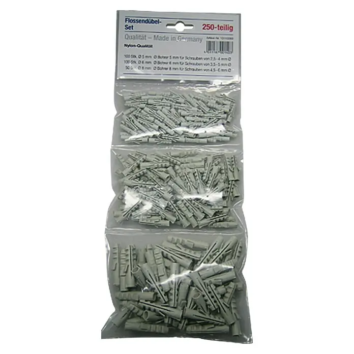 Dübel-Set - Durchmesser Dübel: 8 mm, Länge Dübel: 50 mm, 100 Stk., Nylon - Bild einer Packung mit 250 Flossendübeln, hergestellt in Deutschland, geeignet für verschiedene Schrauben- und Bohrergrößen.