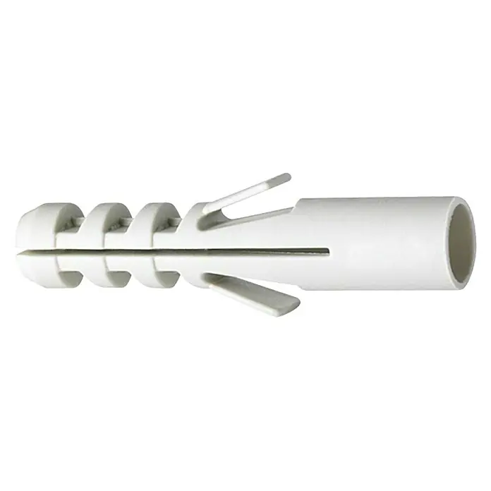 Dübel-SetDurchmesser Dübel: 8 mm, Länge Dübel: 40 mm, 100 Stk., Nylon - Nahaufnahme eines weißen Nylondübels mit Kragen, der für sicheren Halt in verschiedenen Materialien sorgt. Ideal für Heimwerkerprojekte.