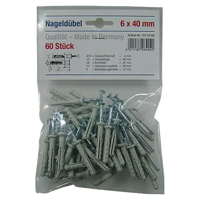 Schlagdübel - Durchmesser Dübel: 6 mm, Länge Dübel: 40 mm, Geeignet für: Beton, 60 Stk. - Nagelübel 6x40 mm: Eine Packung mit 60 Dübeln, ideal für Befestigungen in verschiedenen Materialien. Hergestellt in Deutschland für hohe Qualität.