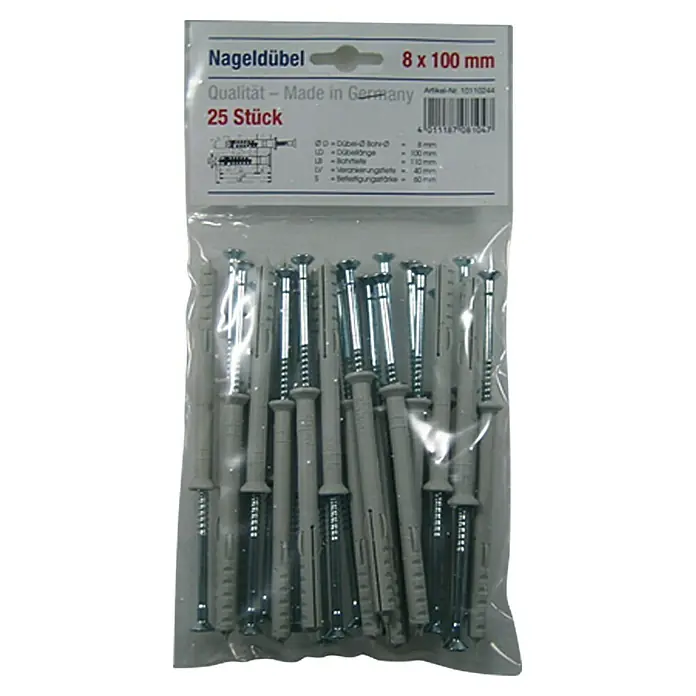 Schlagdübel - Durchmesser Dübel: 8 mm, Länge Dübel: 100 mm, 25 Stk., Nylon - Packung Nageldübel 8 x 100 mm, 25 Stück, ideal für Befestigungen im Innen- und Außenbereich. Qualität Made in Germany.