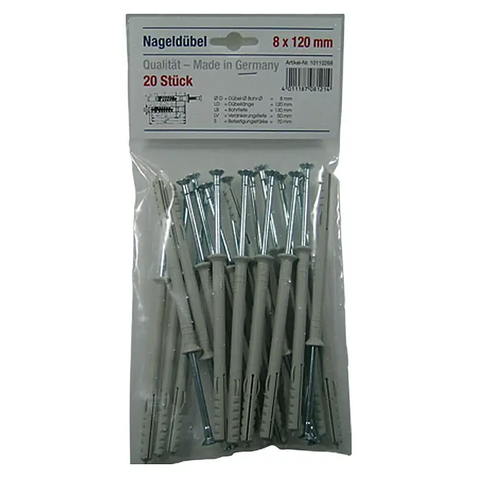 Schlagdübel - Durchmesser Dübel: 8 mm, Länge Dübel: 120 mm, 20 Stk., Nylon - Nagel Dübel 8 x 120 mm, 20 Stück Packung. Die Dübel sind für die Befestigung von Gegenständen in Mauerwerk und Beton geeignet.