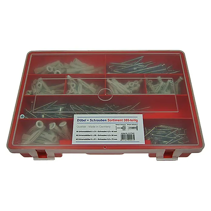 Spreizdübel-Set - 380 -tlg., Geeignet für: Alle Baustoffe - Sortimentskasten mit Dübeln und Schrauben, 380-teilig, ideal für Heimwerker und Profis, zur sicheren Befestigung in verschiedenen Materialien.