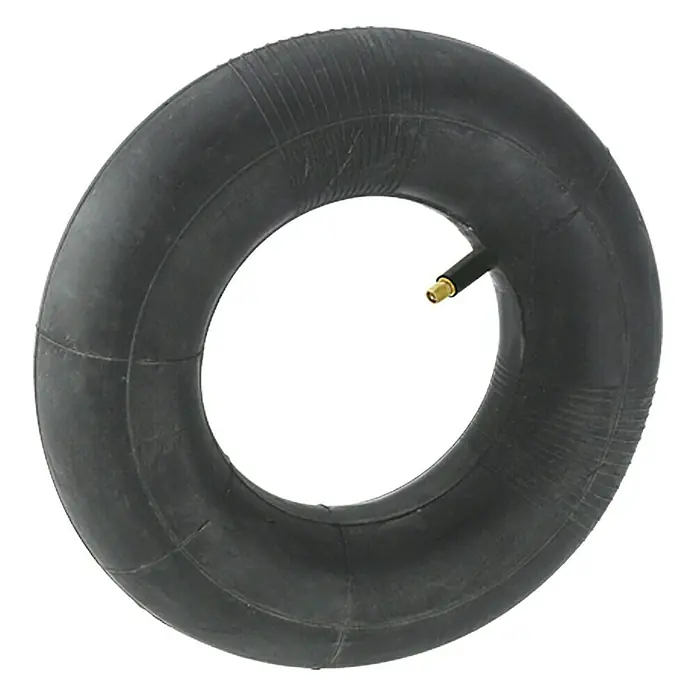 Stabilit Ersatzschlauch - Durchmesser: 400 mm, Maß Reifen: 4 - 8, Gerades Ventil - Hier ist ein detailliertes Bild eines schwarzen Fahrradschlauchs mit einem goldenen Ventil. Ideal für Fahrräder.
