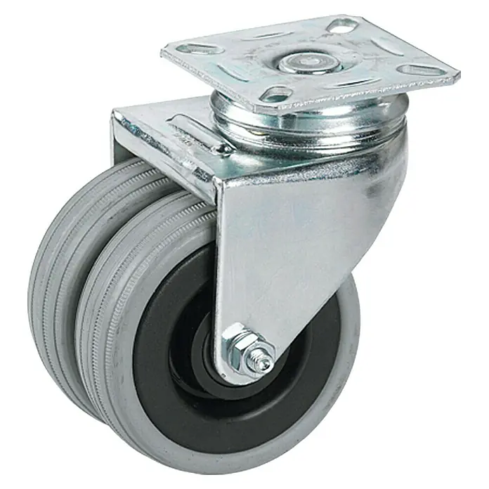 Stabilit Rueda doble para equipos - Diámetro ruedas: 75 mm, Capacidad de carga: 100 kg, Cojinete de bolas, Con placa - Rueda giratoria doble con goma gris, ideal para aplicaciones industriales, que ofrece alta capacidad de carga y estabilidad gracias a la estructura de acero.