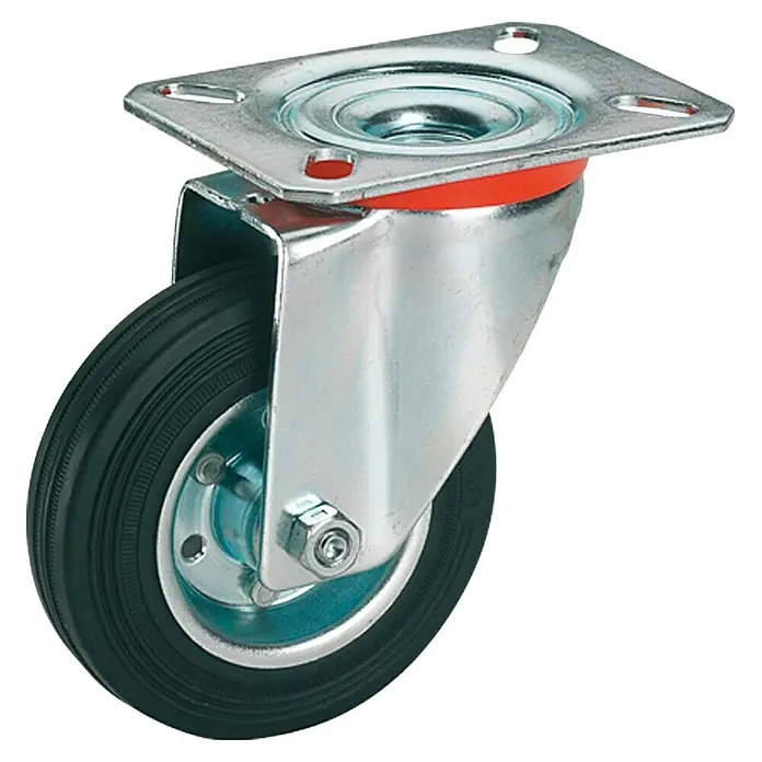 Stabilit Transportgeräterolle - Durchmesser Rollen: 80 mm, Traglast: 50 kg, Rollenlager, Mit Platte - Lenkrolle mit einer schwarzen Gummibereifung und einer verzinkten Stahlhalterung für den einfachen Transport von Gegenständen.
