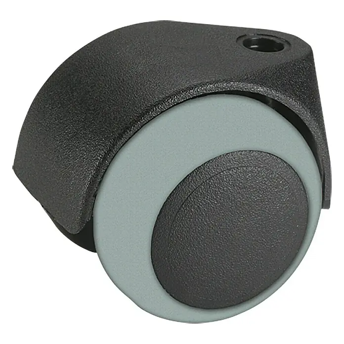 Stabilit Rueda doble - Diámetro ruedas: 50 mm, Capacidad de carga: 40 kg, Casquillo liso, Con agujero pasante, Diámetro agujero posterior: 8 mm - Primer plano de una rueda para silla de oficina con llanta gris y banda de rodadura negra, diseñada para una movilidad suave y durabilidad.