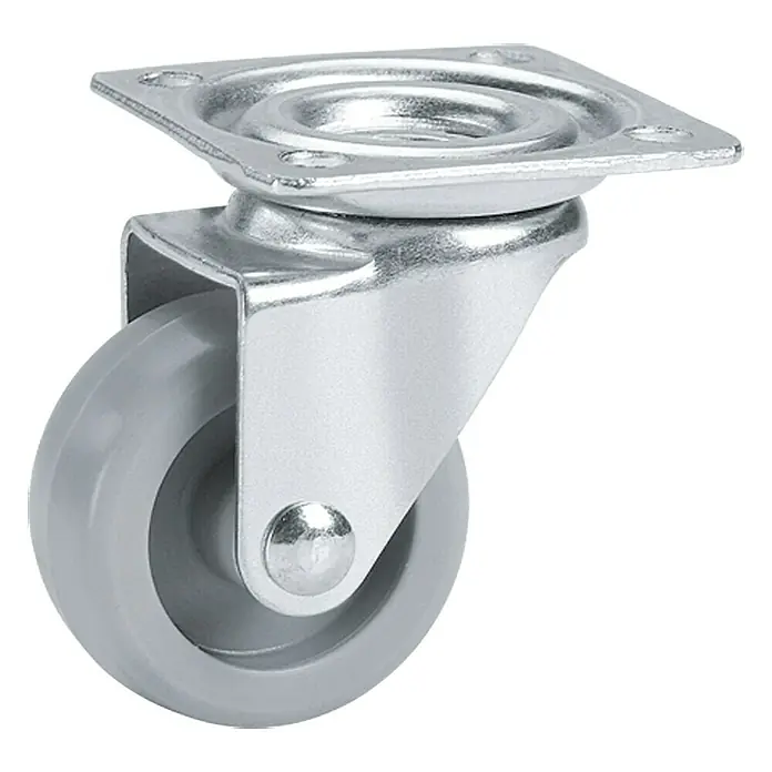 Stabilit Möbel-Lenkrolle - Durchmesser: 30 mm, Traglast: 30 kg, Grau, Kunststoff - Nahaufnahme eines Möbelrollers mit grauem Rad und silberner Halterung, der Stabilität und einfache Bewegung für Möbel bietet.