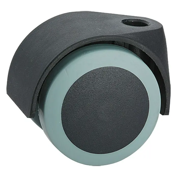 Stabilit Rueda doble - Capacidad de carga: 40 kg, Negro/Gris, Elastómero termoplástico (TPE), Diámetro agujero posterior: 10 mm - Primer plano de un soporte de ruedas con una rueda para muebles gris y negra, ideal para sillas de oficina y otros muebles móviles.