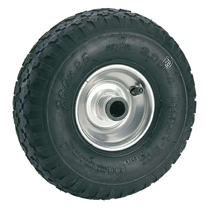 Stabilit Luftrad - 260 mm, Traglast: 200 kg, Nabenlänge: 75 mm - Schwarzes Transportrad mit einem silbernen Zentrum, ideal für verschiedene Transportanwendungen.
