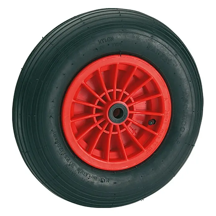 Stabilit Rueda neumática - Diámetro: 400 mm, Capacidad de carga: 200 kg, Anchura de cubo: 72 mm, Perfil ranurado - Rueda de carretilla con llanta roja, ideal para tareas de jardinería. Duradera y fiable.