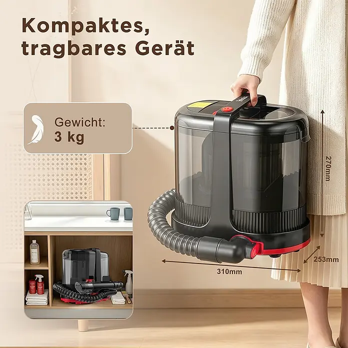 VacniQ Waschsauger - Behältervolumen: 2,1 l - Kompaktes, schwarzes und rotes tragbares Reinigungsgerät mit transparentem Tank, 3 kg Gewicht und Maßen, von einer Person gehalten und verstaut.