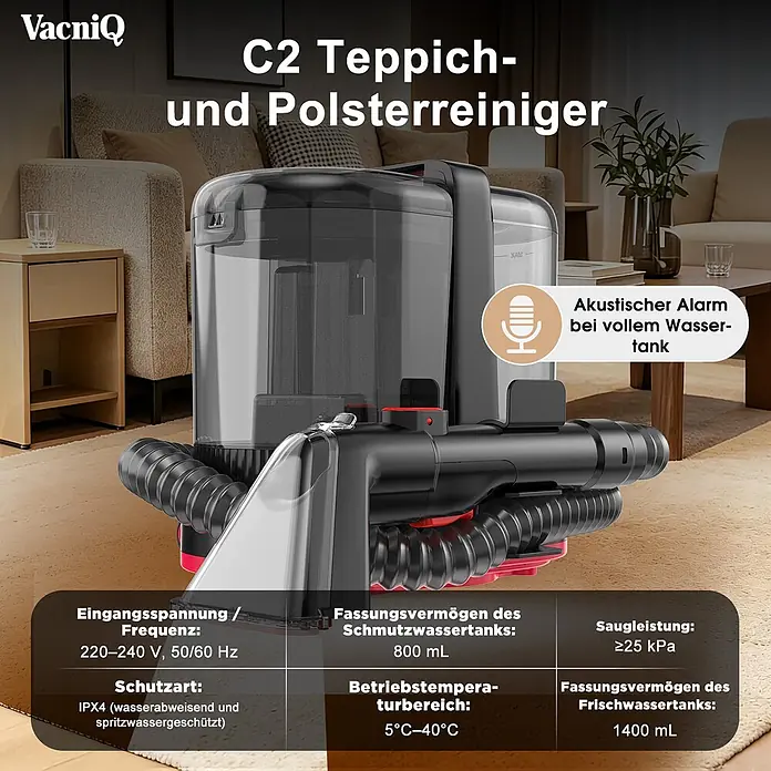 VacniQ Waschsauger - Behältervolumen: 2,1 l - VacniQ C2 Teppich- und Polsterreiniger, schwarz-transparent mit roten Akzenten, auf hellem Teppich im Wohnzimmer.