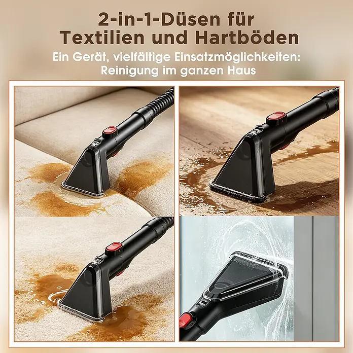 VacniQ Waschsauger - Behältervolumen: 2,1 l - Schwarzer 2-in-1-Reinigungsdüse säubert Textilien, Hartböden und sprüht Wasser für die Hausreinigung.