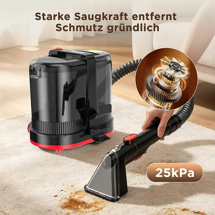 VacniQ Waschsauger - Behältervolumen: 2,1 l - Schwarz-roter Teppichreiniger mit Schlauch und Düse entfernt einen braunen Fleck auf hellem Teppich, mit 25kPa starker Saugkraft.