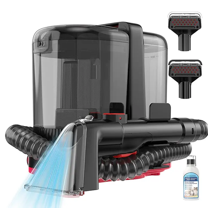 VacniQ Waschsauger - Behältervolumen: 2,1 l - Tragbarer Fleckenreiniger mit transparenten Wassertanks, schwarzem Schlauch, Sprühdüse, Bürstenaufsätzen und Reiniger.