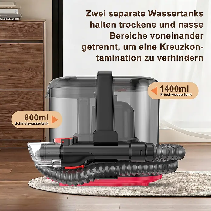 VacniQ Waschsauger - Behältervolumen: 2,1 l - Zwei separate Wassertanks (800ml Schmutzwasser, 1400ml Frischwasser) trennen Bereiche, um Kreuzkontamination zu verhindern.