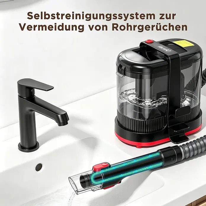 VacniQ Waschsauger - Behältervolumen: 2,1 l - Schwarz-rotes Selbstreinigungssystem mit klarem Wassertank und Schlauch mit transparenter Düse, das in ein weißes Waschbecken abfließt.
