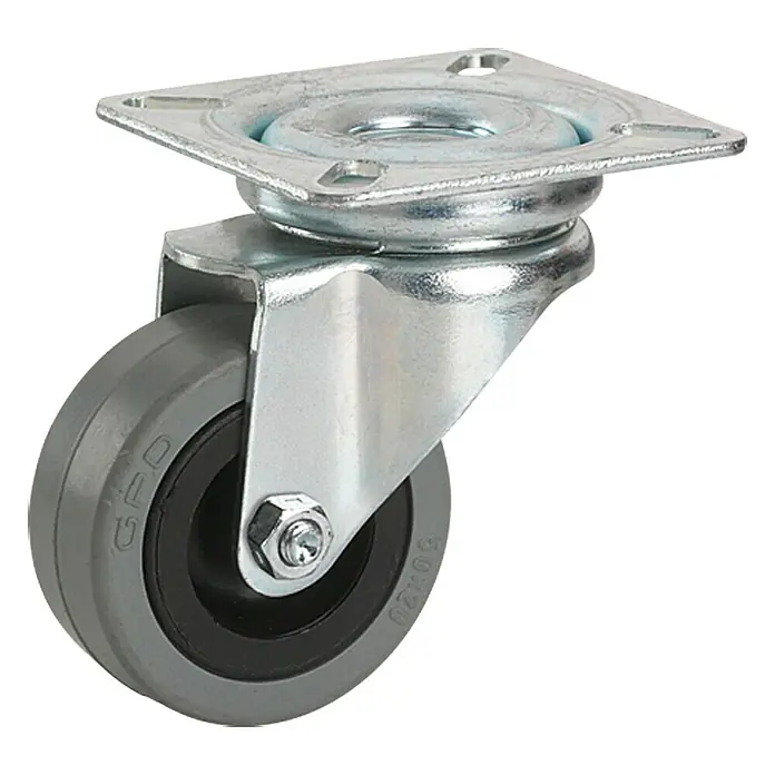 Stabilit Rueda giratoria para equipos - Diámetro ruedas: 50 mm, Capacidad de carga: 45 kg, Material rueda: Goma, Con placa, Casquillo liso - Aquí hay una rueda giratoria con una rueda de goma gris. Esta rueda es ideal para muebles y equipos que necesitan moverse fácilmente.