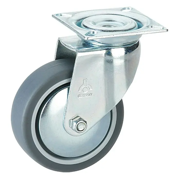 Stabilit Rueda giratoria para equipos - Diámetro ruedas: 100 mm, Capacidad de carga: 55 kg, Casquillo liso, Con placa - Rueda giratoria con placa de fijación y rueda de poliuretano gris, ideal para muebles y equipos. Alta capacidad de carga y movimiento suave.