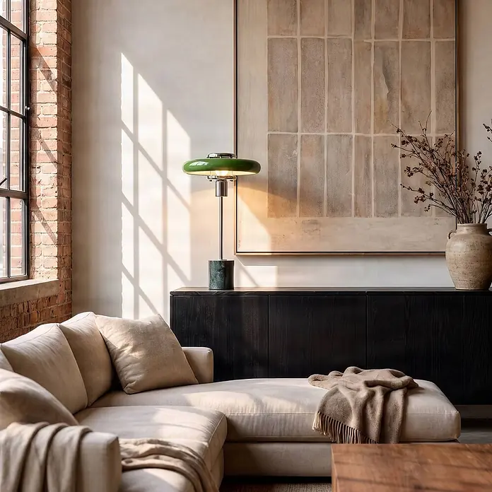 Lindby Tischleuchte Branford - grün, grün, E14 - Grüne Tischlampe mit Marmorsockel und Metallstiel, auf einem dunklen Sideboard in einem stilvollen Wohnzimmer.