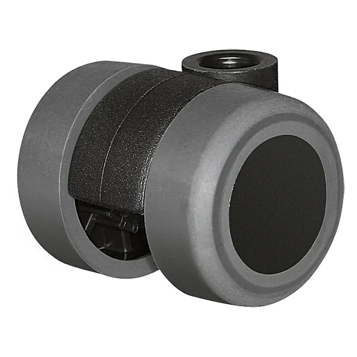Stabilit Rueda para suelos de madera - Capacidad de carga: 70 kg, Negro, Elastómero termoplástico (TPE) - Primer plano de una rueda de silla de oficina gris y negra sobre una superficie blanca.
