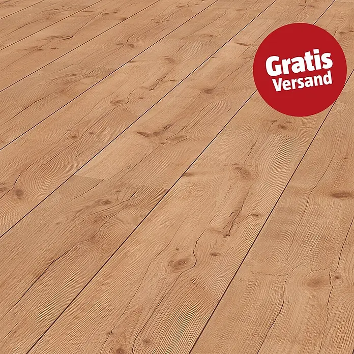 Laminat - Pinie, Landhausdiele, 1.285 x 192 x 8 mm - Helle Holzfußboden-Dielen mit sichtbarer Maserung und Ästen, diagonal verlegt.