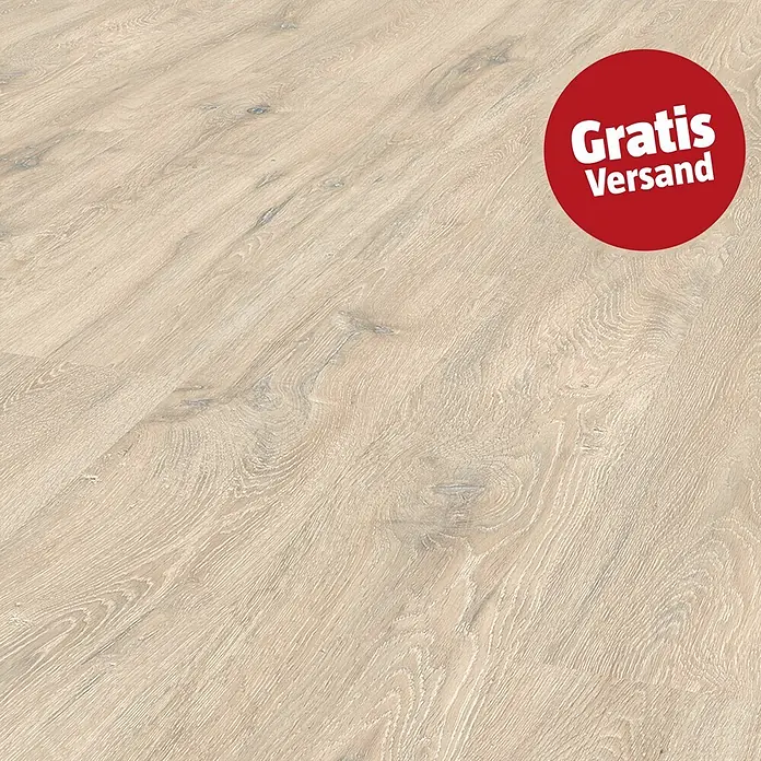 LOGOCLIC Aquaprotect Smart Silent Laminat - Christal Oak, Landhausdiele, 1.288 x 195 x 7 mm - Heller Holzboden mit Maserung und rotem „Gratis Versand“-Stempel.
