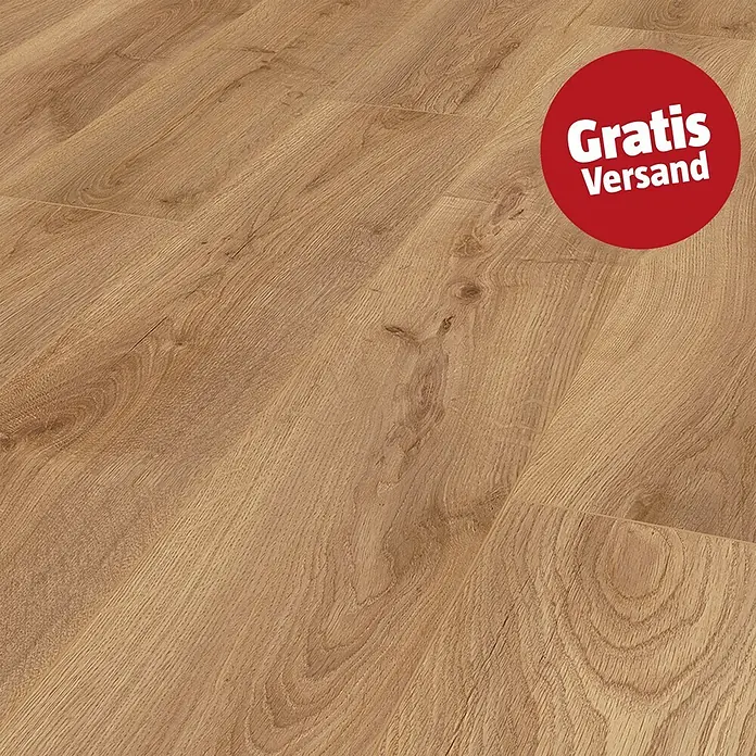 LOGOCLIC Aquaprotect Smart Silent Laminat - Celli Oak, Landhausdiele, 1.288 x 195 x 7 mm - Hellbrauner Laminatboden mit ausgeprägter Holzmaserung und Dielenfugen.