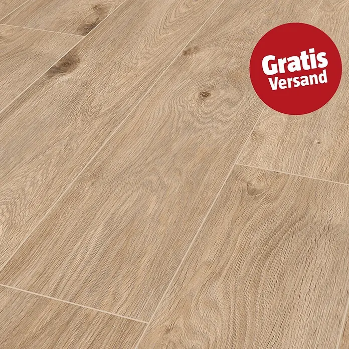 LOGOCLIC Aquaprotect Smart Laminat - Eiche Eurus, Landhausdiele, 1.288 x 195 x 6 mm - Helles Laminatboden in Holzoptik mit Maserung und Ästen, dazu ein roter "Gratis Versand" Aufkleber.