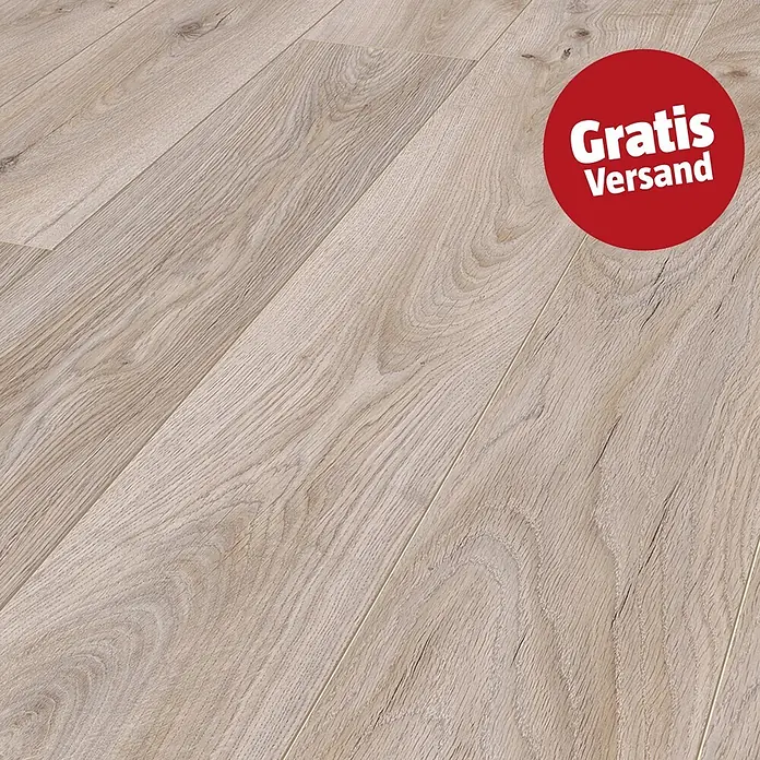 LOGOCLIC Aquaprotect Smart Laminat - Skyscraper Oak, Landhausdiele, 1.288 x 195 x 6 mm - Hellbeiger Laminatboden mit realistischer Holzmaserung.