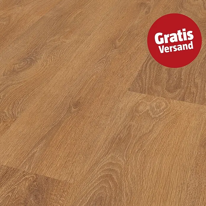 LOGOCLIC Aquaprotect Smart Silent Laminat - Corno Oak, Landhausdiele, 1.288 x 195 x 7 mm - Goldenbrauner Holzlaminatboden mit sichtbarer Maserung.