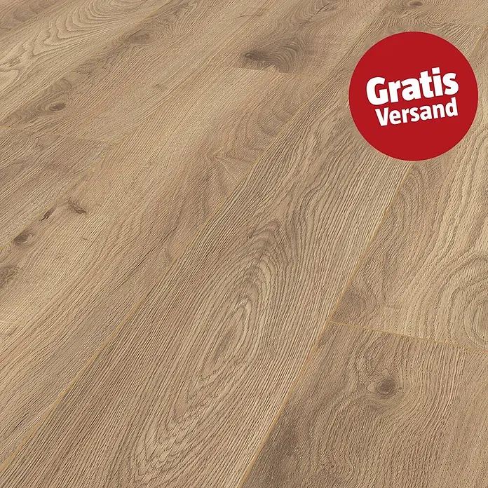LOGOCLIC Aquaprotect Smart Silent Laminat - Ringa Oak, Landhausdiele, 1.288 x 195 x 7 mm - Hellebraune Laminatdielen mit realistischer Holzmaserung und einem roten Kreis mit der Aufschrift 'Gratis Versand'.