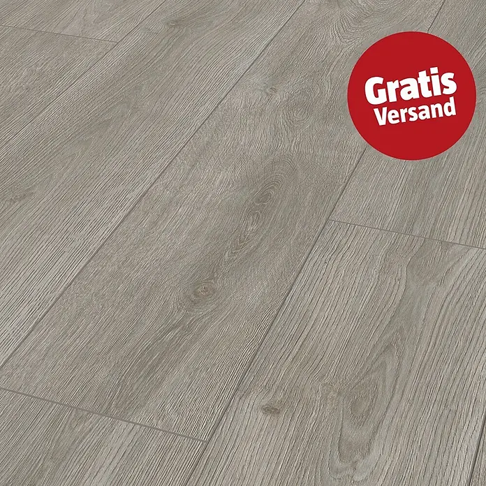 LOGOCLIC Aquaprotect Smart Silent Laminat - Calais Oak, Landhausdiele, 1.288 x 195 x 7 mm - Heller grauer Laminatboden in Holzoptik mit rotem "Gratis Versand" Aufkleber.