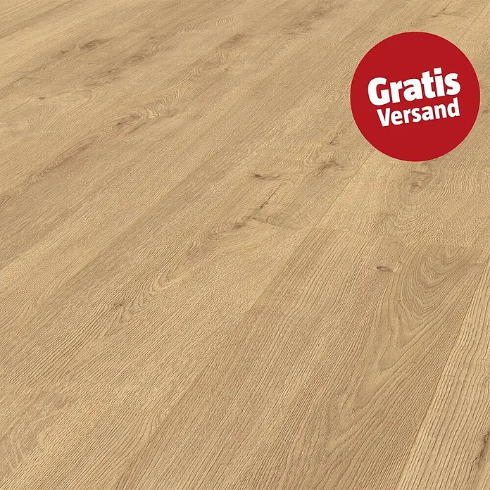 Krono Original Laminat Atlantic 8 - Sundance Oak, Landhausdiele, 1.285 x 192 x 8 mm - Helles, braunes Laminat in Holzoptik mit sichtbarer Maserung und Planken.
