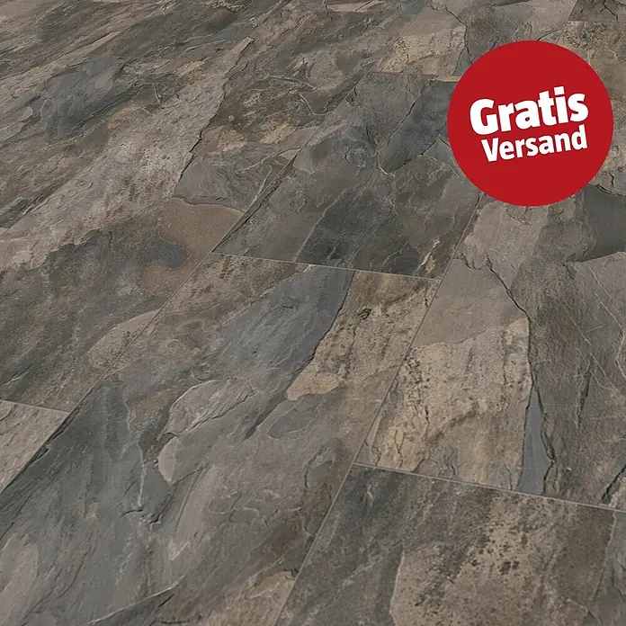 Krono Original Laminat Atlantic 8 - Pewter Slate, 638 x 330 x 8 mm - Strukturierte dunkelgraue und braune Schiefer-Effekt Bodenfliesen.