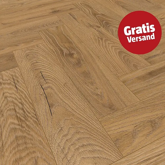Krono Original Laminat Herringbone - Inca Carpenter Oak, Fischgrät, 630 x 126 x 8 mm - Helles Holzlaminat in natürlicher Maserung und Fischgrätmuster.