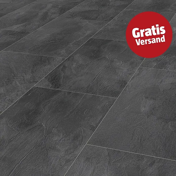 LOGOCLIC Ceramico Laminat - Pearl Grey, 638 x 330 x 8 mm - Dunkelgraue, texturierte Bodenfliesen in Natursteinoptik, im Verlegemuster.
