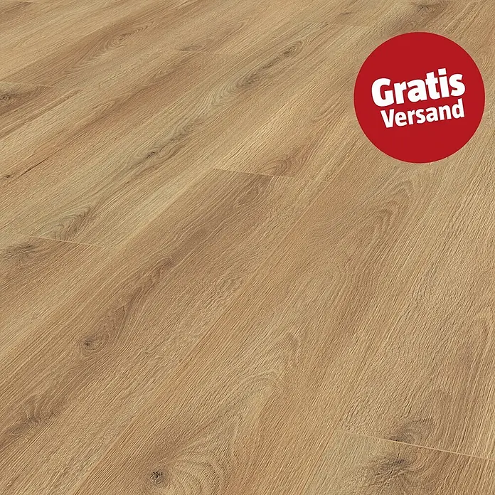 LOGOCLIC Ambienta Laminat - Eiche Canta, Landhausdiele, 1.288 x 195 x 10 mm - Hellbrauner Laminatboden in Holzoptik mit natürlicher Maserung und "Gratis Versand" Aufdruck.