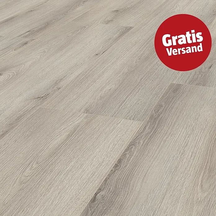LOGOCLIC Aquaprotect Smart Laminat - Marea Oak, Landhausdiele, 1.288 x 195 x 6 mm - Heller grauer Laminatboden mit natürlicher Holzmaserung und rotem "Gratis Versand" Aufkleber.