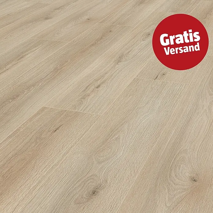 LOGOCLIC Ambienta Laminat - Eiche Erusa, Landhausdiele, 1.288 x 195 x 10 mm - Helle beige Holzfußbodenpaneele mit sichtbarer Maserung und dezenten Ästen, darauf ein roter Kreis mit „Gratis Versand“.