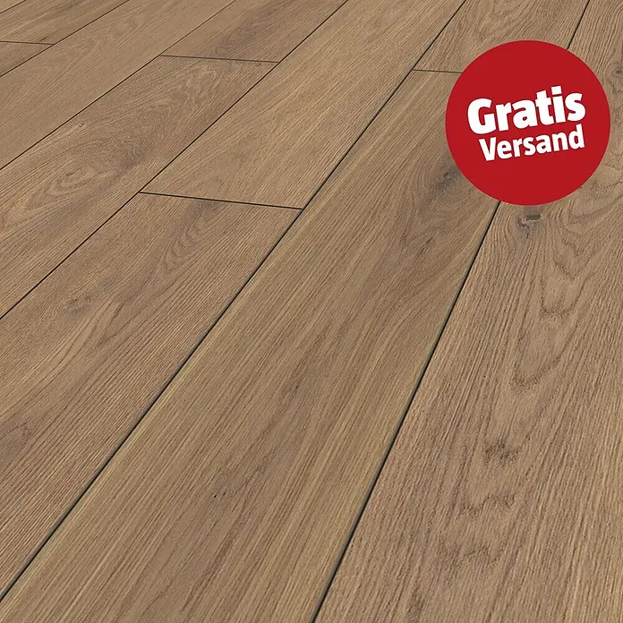 LOGOCLIC Vinto Laminat Classic - Eiche Greenvale, Landhausdiele, 1.288 x 195 x 8 mm - Nahaufnahme von hellbraunen Laminatdielen mit natürlicher Holzmaserung, diagonal verlegt, und einem roten 'Gratis Versand' Aufkleber.