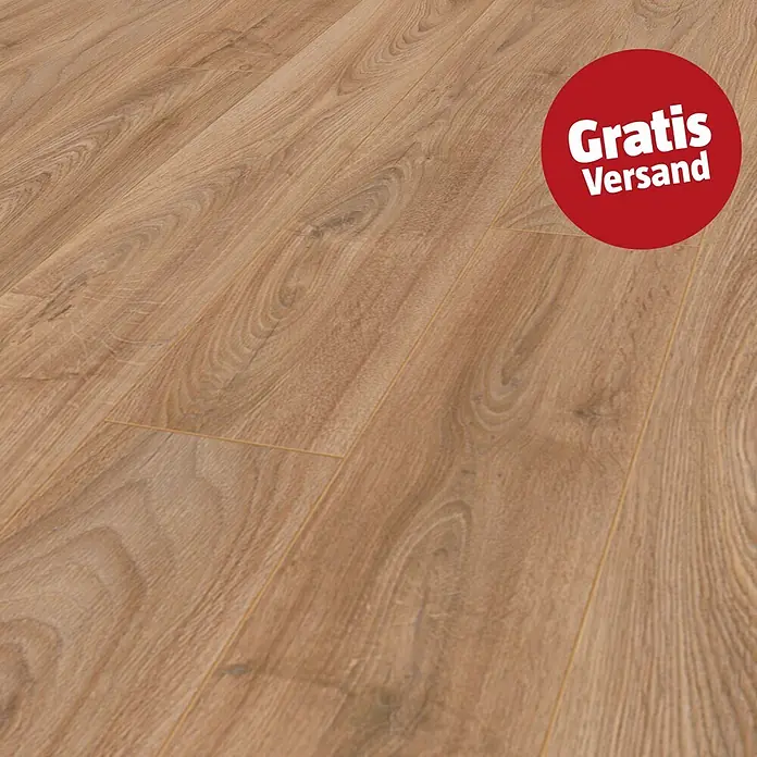 Krono Original Laminat Organic Classic - Historic Oak, Landhausdiele, 1.288 x 195 x 8 mm - Hellbrauner Laminatboden in Holzoptik mit sichtbarer Maserung.