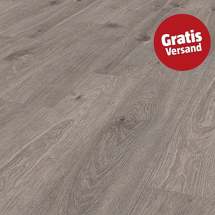 Krono Original Laminat Organic Classic - Tornado Oak, Landhausdiele, 1.288 x 195 x 8 mm - Graubrauner Bodenbelag in Holzoptik mit deutlicher Maserung und rotem 'Gratis Versand' Abzeichen.