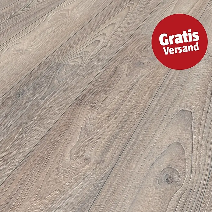 LOGOCLIC Ambienta Laminat - Eiche Alba, Landhausdiele, 1.288 x 195 x 10 mm - Heller graubrauner Laminat- oder Holzfußboden mit deutlicher Maserung und Ästen, mit einem roten 'Gratis Versand' Aufkleber oben rechts.