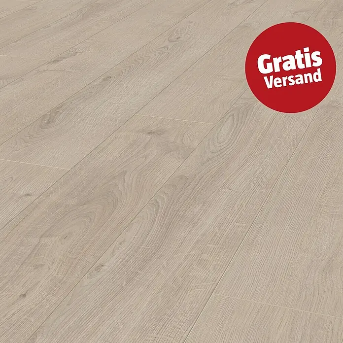 LOGOCLIC Vinto Laminat - Eiche Venetia, Landhausdiele, 1.288 x 195 x 8 mm - Helle, beige Holzoptik-Bodenplanken mit natürlicher Maserung.