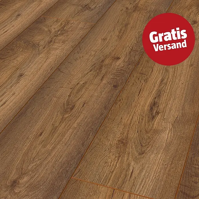 LOGOCLIC Vinto Laminat - Eiche Bergamo, Landhausdiele, 1.288 x 195 x 8 mm - Nahaufnahme von rustikalem braunen Laminatboden mit natürlicher Holzmaserung, diagonal verlegt.
