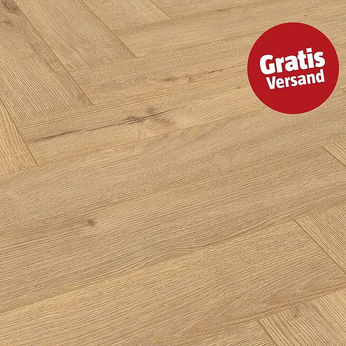 LOGOCLIC Vinto Laminat Herringbone - Galaxy Oak, Landhausdiele, 630 x 126 x 8 mm - Hellbrauner Laminatboden im Fischgrätmuster.