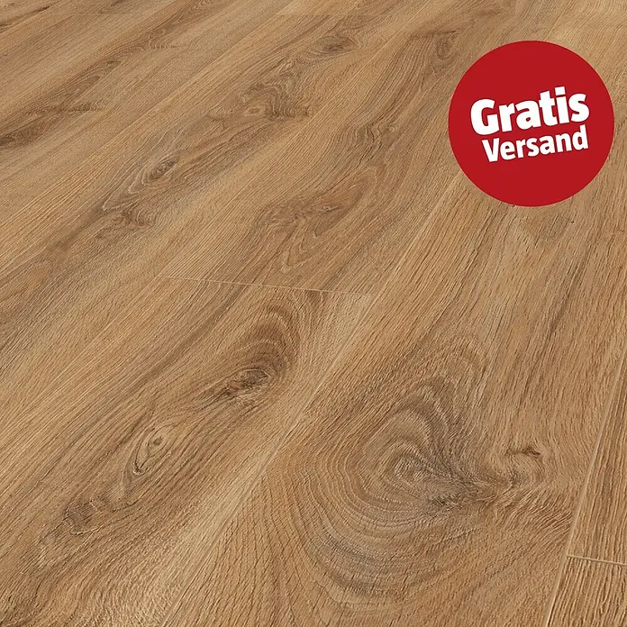 LOGOCLIC Edition Laminat Family - Lagoon, Landhausdiele, 1.288 x 245 x 7 mm - Helles braunes Holzoptik-Boden mit natürlicher Maserung und Textur, Eiche ähnelnd.